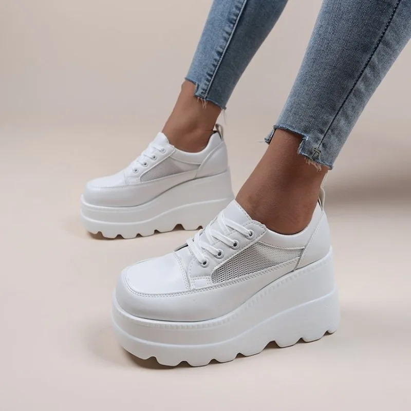 

New Autumn Punk Gothic PU Leather+Mesh Shoes Women Lace Up Wedge High Heels Thick Platform Creepers Lady Pumps Black JK