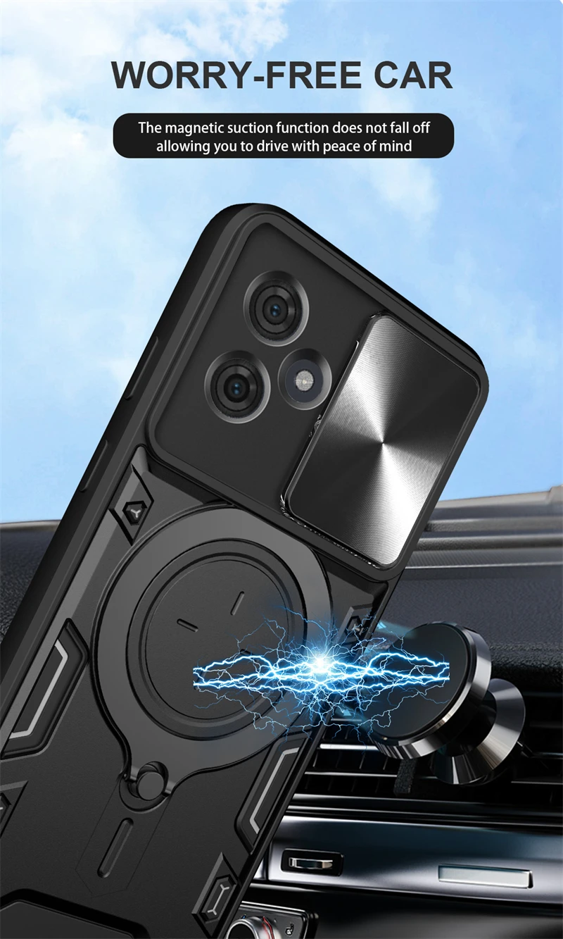 Durable Car Ring Stand Phone Case with Slide Camera Protection and Armor Back Cover