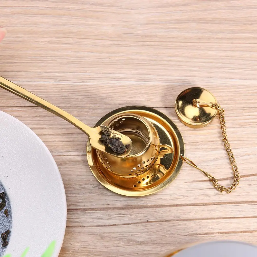 Gold Stainless Steel Restaurant Teapot Food Grade Tea Infuser Strainer Extended Chain Portable with Base for Mug Cup and Pitcher