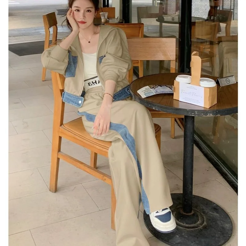 Leisure Sports Suit Women's Spring/Autumn New Fashion Color Contrast Cardigan Hoodie High Waist Wide Leg Pants Two Piece Set