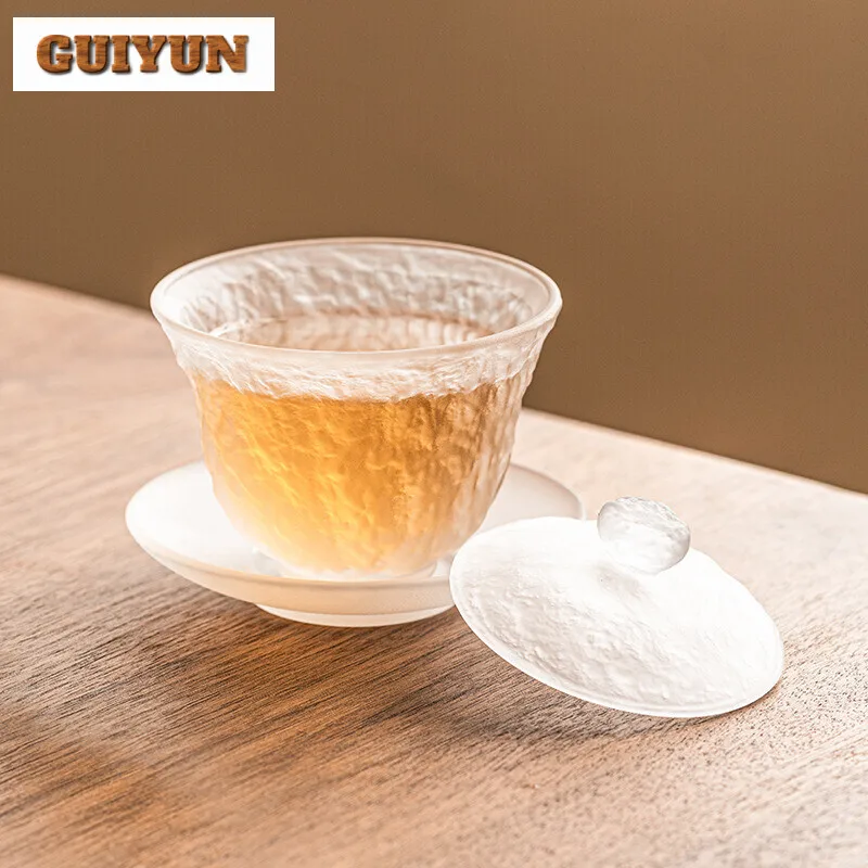 120ml Chinese Frosted White Glass Gaiwan Zen Anti Scalding Tea Tureen Tea Brewing Cover Bowl Azure Stone Ceremony Ornaments