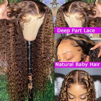 Perruque Lace Frontal Wig naturelle bouclée à reflets transparents HD, blond miel, perruque Lace Frontal Wig Deep Wave pour femmes 4