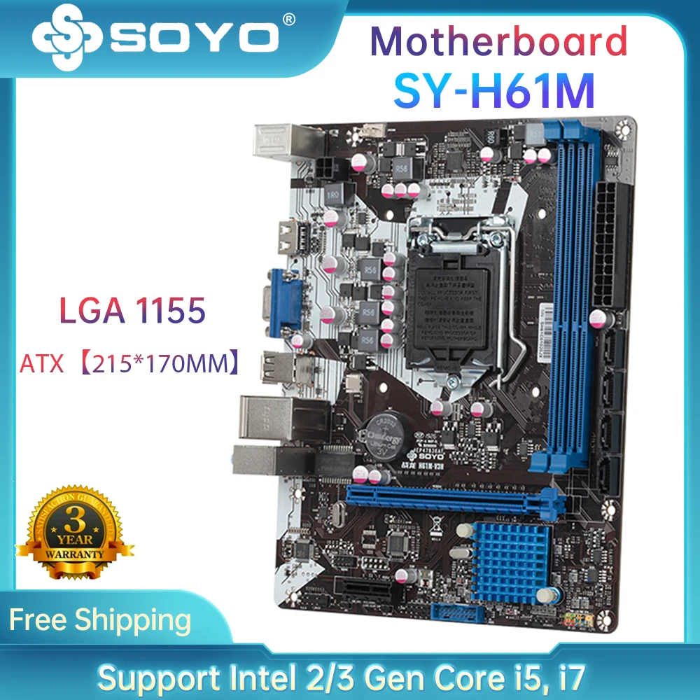 

SOYO Новый LGA1155 материнская плата со слотом двухканальный DDR3 SATA интерфейс Intel H61 материнская плата для Intel Core i3 i5 i7