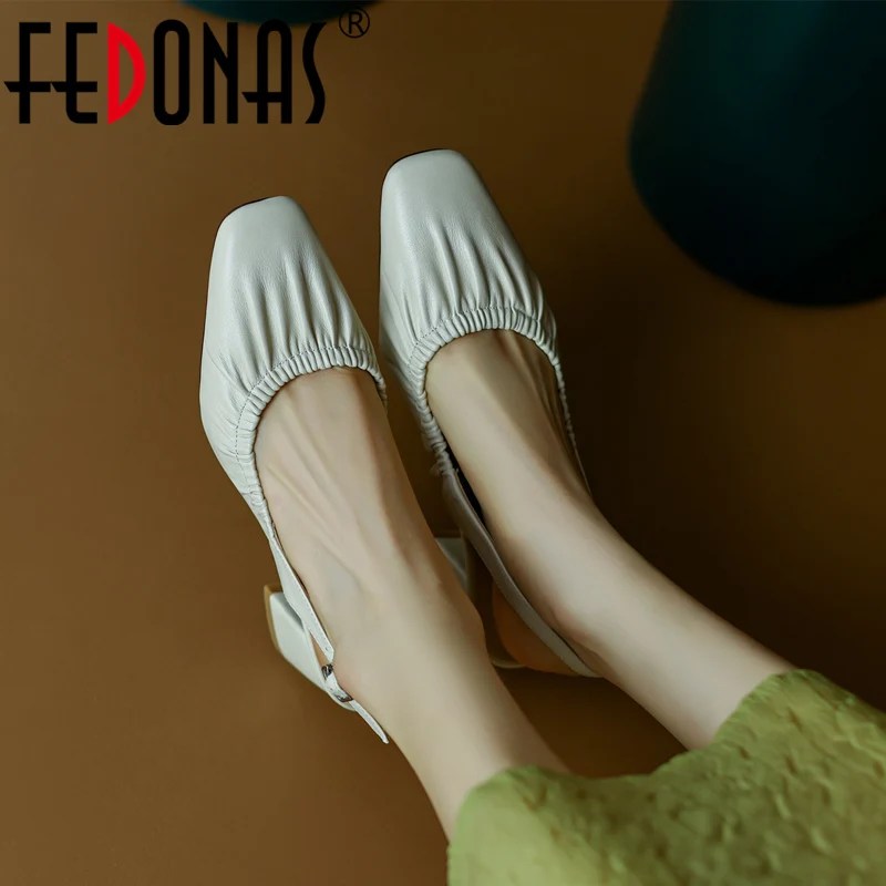 

FEDONAS 2023 Square Toe Thick High Heels Women Sandals Spring Summer Basic Genuine Leather Mature Dress Office Party Shoes Woman