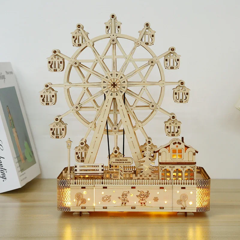 

3D Wooden Puzzles Led Rotatable Ferris Wheel Music Octave Box Model Mechanical Kit Assembly Decor DIY Toys for Kids Adult Gift