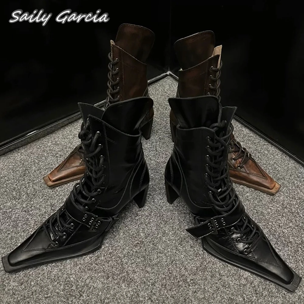 Retro Punk Style Mid Heel Cowboy Motorcycle Boots 2024 New Fashion INS Style Cool Girl Boots Pointed Toe Platform Casual Boots