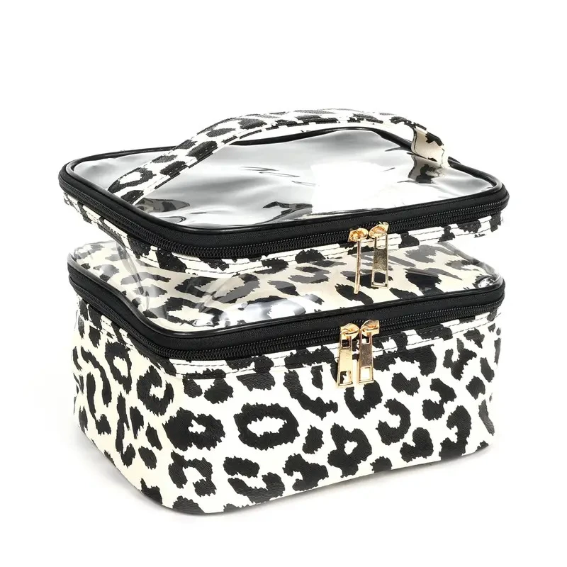 Leopard print PVC Transparent Double-Layer Makeup Bag Large Capacity Waterproof Toiletry Bag Portable Cosmetic Storage Bag 5