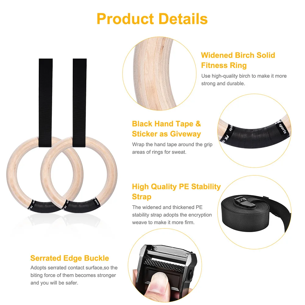 Wood Gymnastics Rings with Adjustable Straps 4Pcs Non-Slip Hand Tapes Exercise Training for Home Gym Full Body Strength