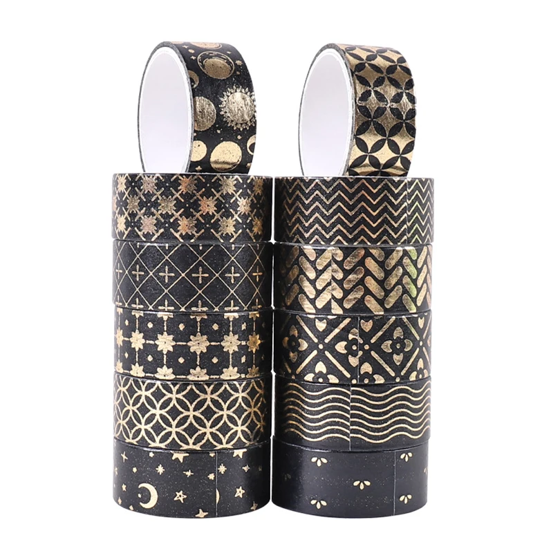 12Pcs Black Washi Tape Scrapbooking Supplies Gold Foil Masking Tape Diary Geometry School Supplies Cinta Adhesiva Decorativa 2