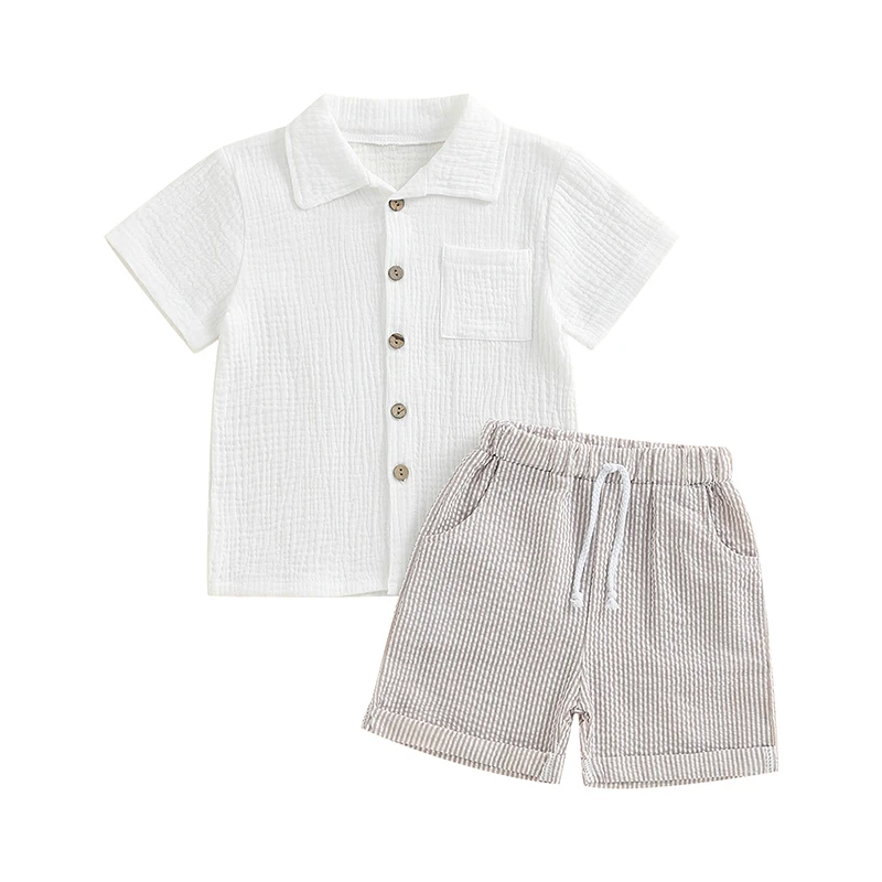 

Toddler Boys 2 Piece Outfits Short Sleeve T-Shirt and Elastic Striped Shorts Summer Clothes Set