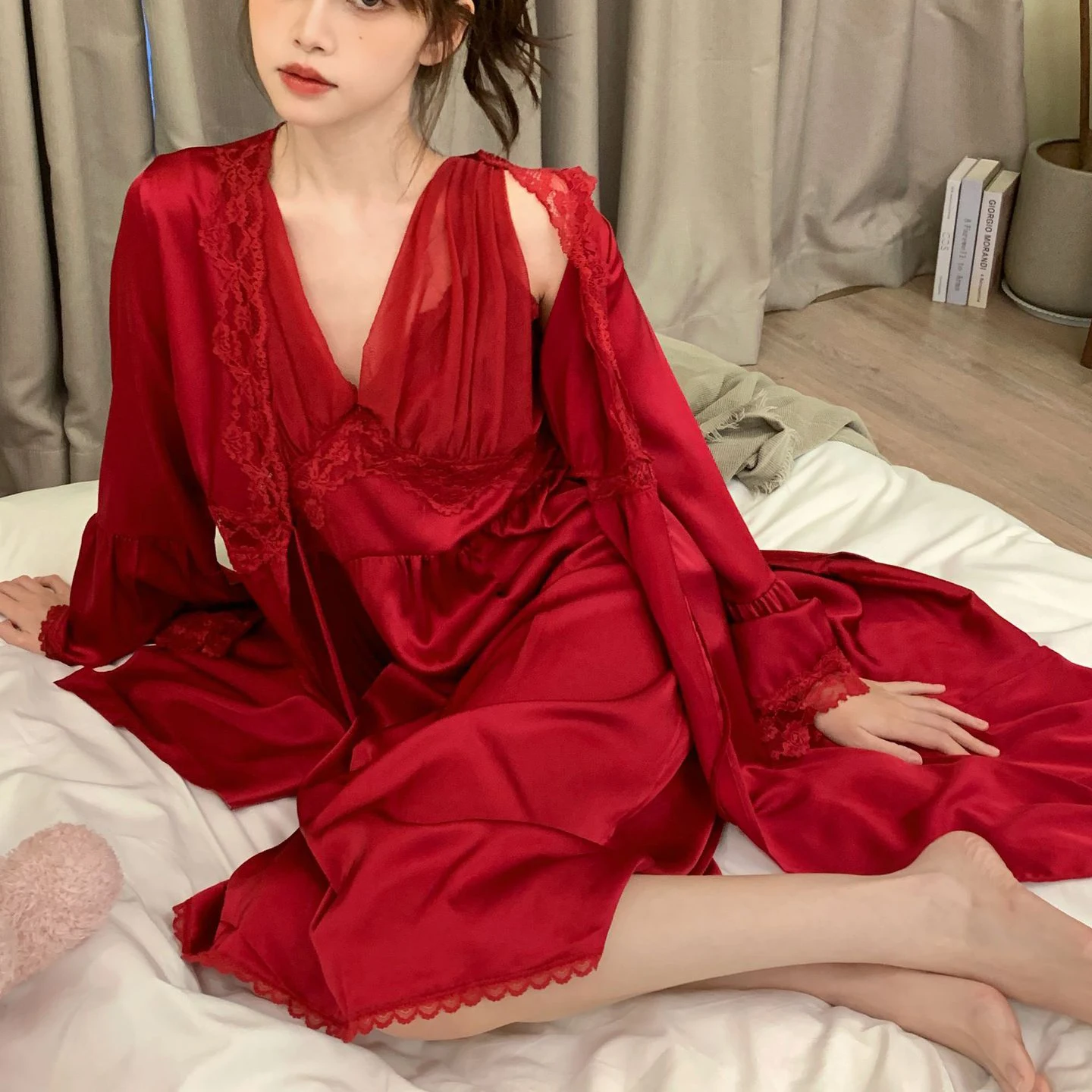 

Комплект женский свадебный из 2 предметов, Длинная Элегантная ночная рубашка в дворцовом стиле, кимоно, халат для невесты, бордовый цвет