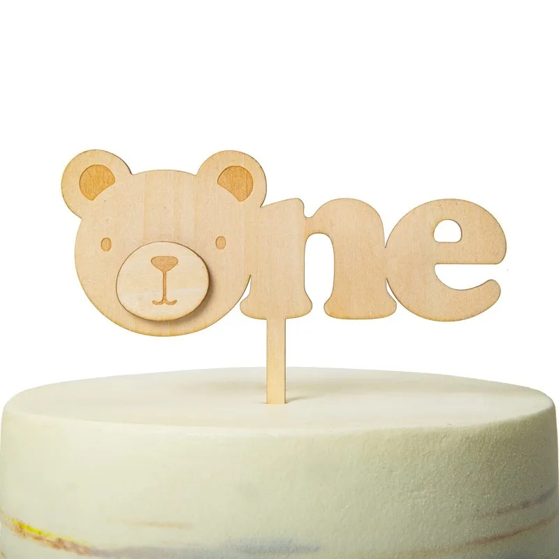Bear One Cake Topper Wood Boys Girls First Birthday Party Decorations Animal Woodland Theme Birthday Supplies