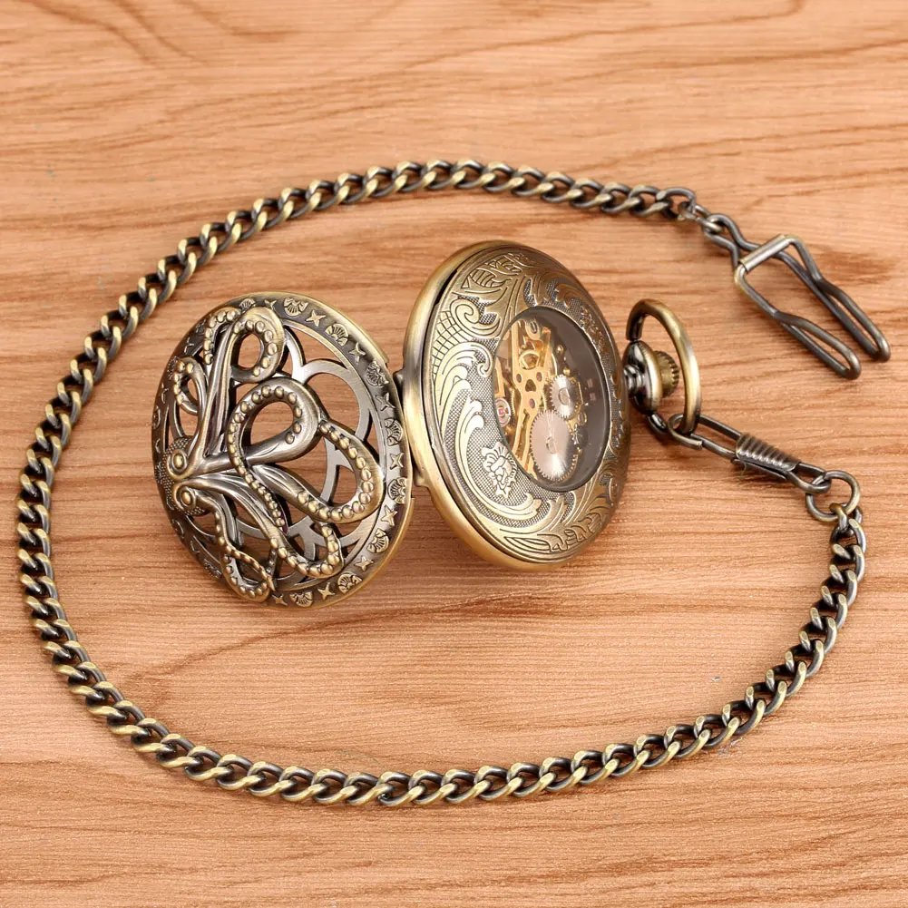 Bronze Hollow Octopus Style Manual Mechanical Pocket Watches Men's Romen Numerals Dial Women Pendant Hour Gifts for Dad Son