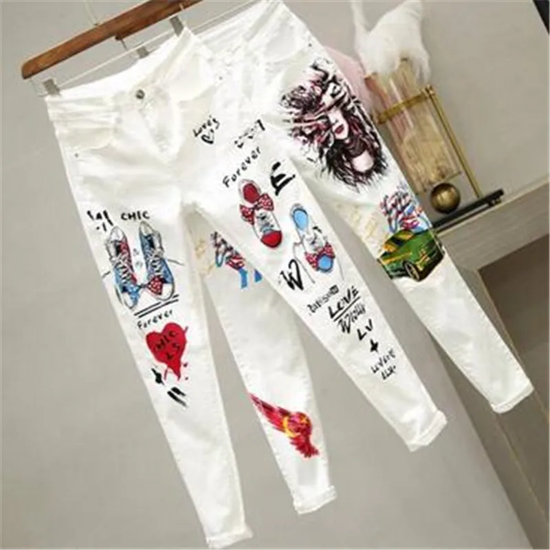 Women White Denim Jeans Cartoon Graffiti Flowers Print Stretched Hallen Jeans Pencil Pants Autumn Skinny Jeans women white denim jeans cartoon graffiti flowers print stretched hallen jeans pencil pants autumn skinny jeans lu1271