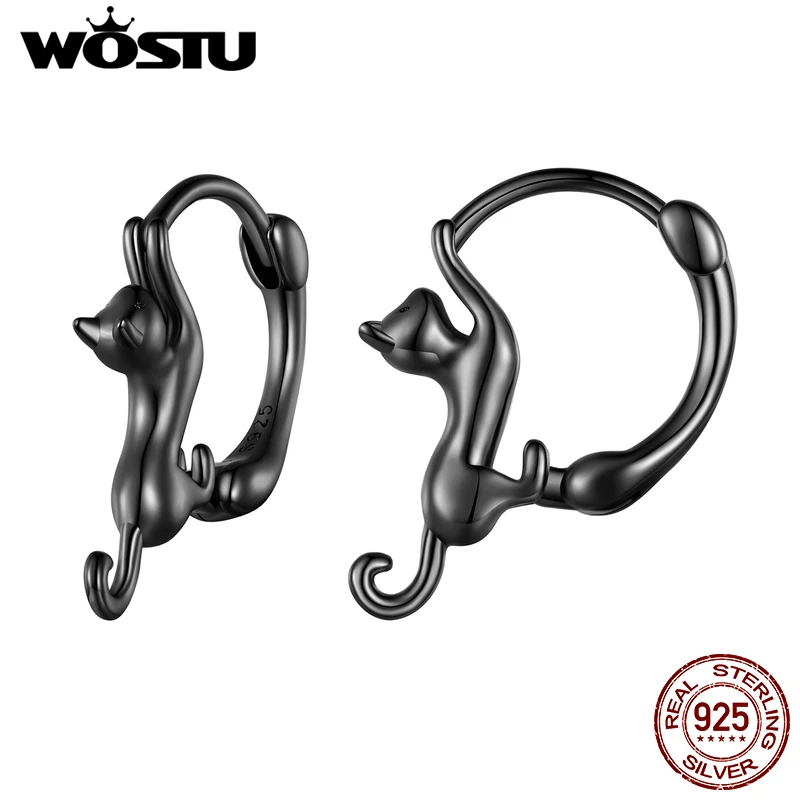 Wostu 100% Real 925 Sterling Silver Black Cute Cat Orecchini A Bottone Per Le Donne Fine Jewelry Party Gift Rose Gold Animal Hoop Aretes
