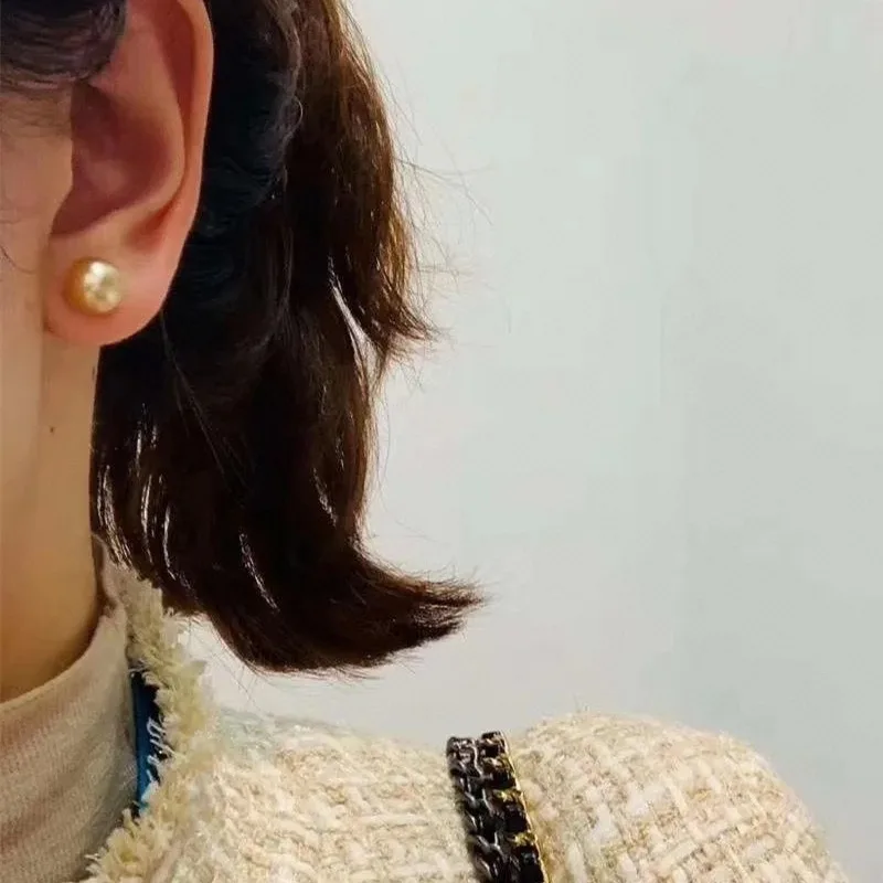Classic Simple 11-12mm Golden Pearl Earrings for Women Round Sea Pearl Fashion Party Wedding Jewelry