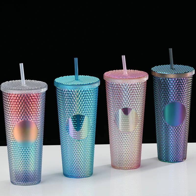 24Oz Matte Glow Inlaid Cup Plastic Coffee Cups With Straw Lids Double Wall Gradient Durian Cup Large Capacity Drinking Cup