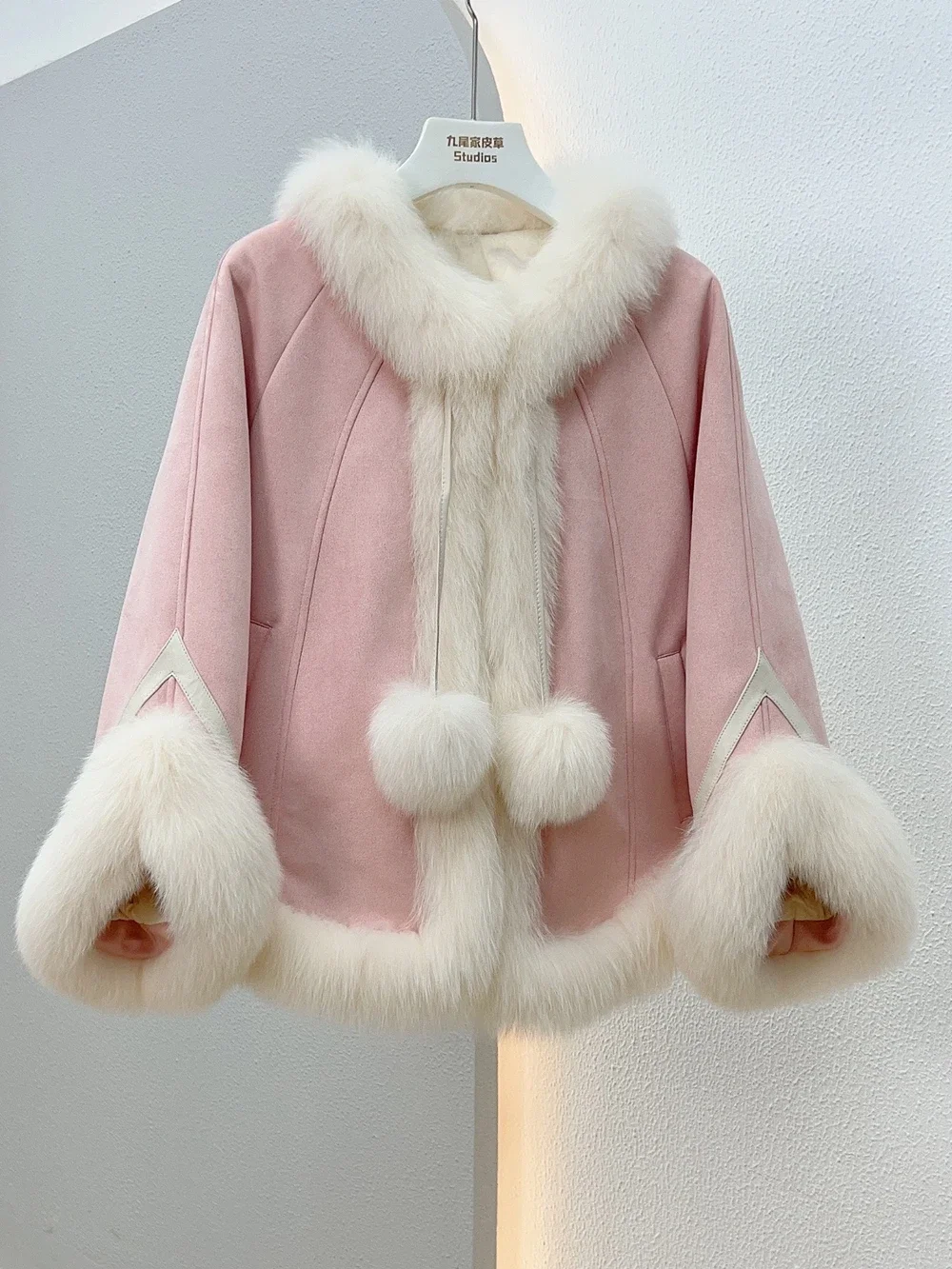 Fuzz Cape Coat Winter Down Inner Fox Fur Fluffy Jacket Knitted Thick Warm Loose Long Sleeve Retro Color Contrast Women's Clothes