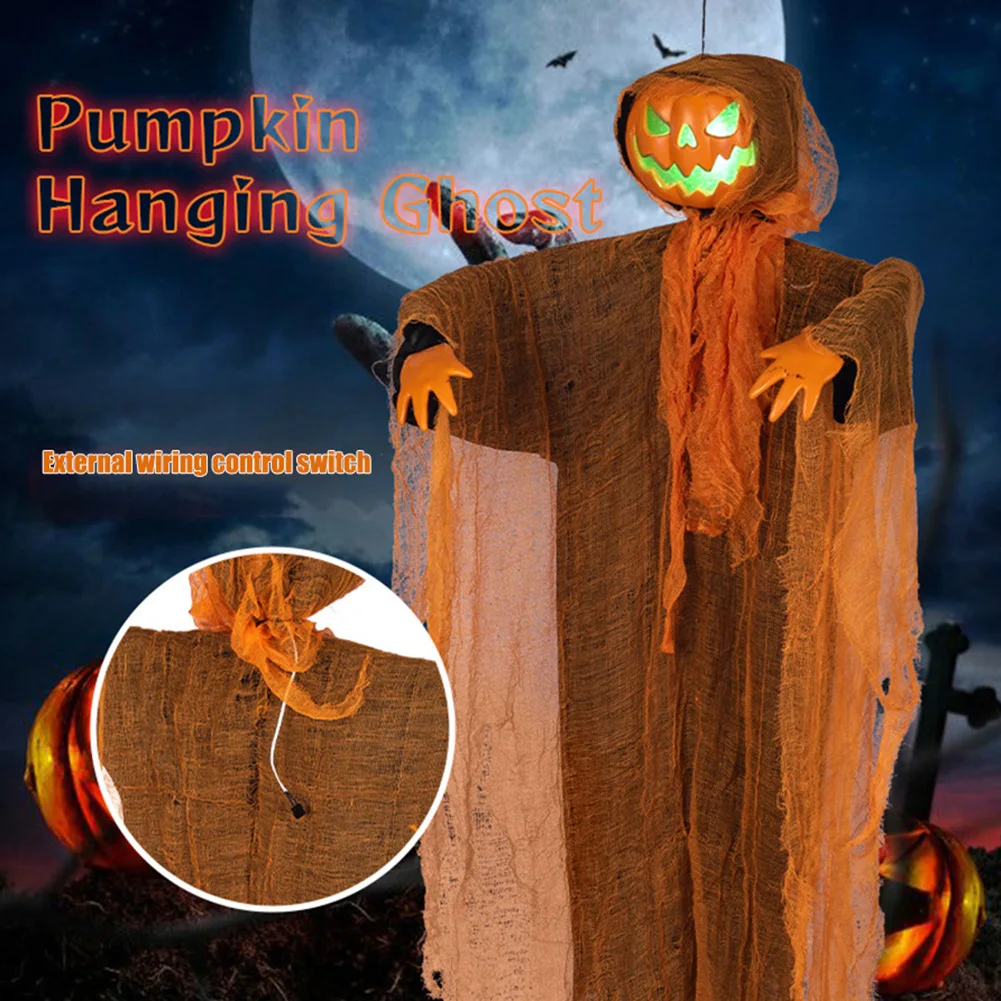 1/2PCS Halloween Pumpkin Party Decorations Head Green Light Turn Head Pumpkin Light-emitting Sound Hanging Props Yard