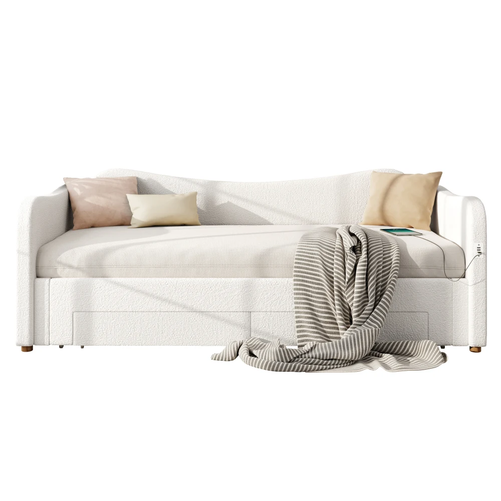 90 x 200 cm großes Polsterbett, Tagesbett, modernes Schlafsofa, mit 2 Schubladen zur Aufbewahrung, ausziehbar auf 180 cm, mit USB-Anschluss, für Schlafzimmer – Detail 14