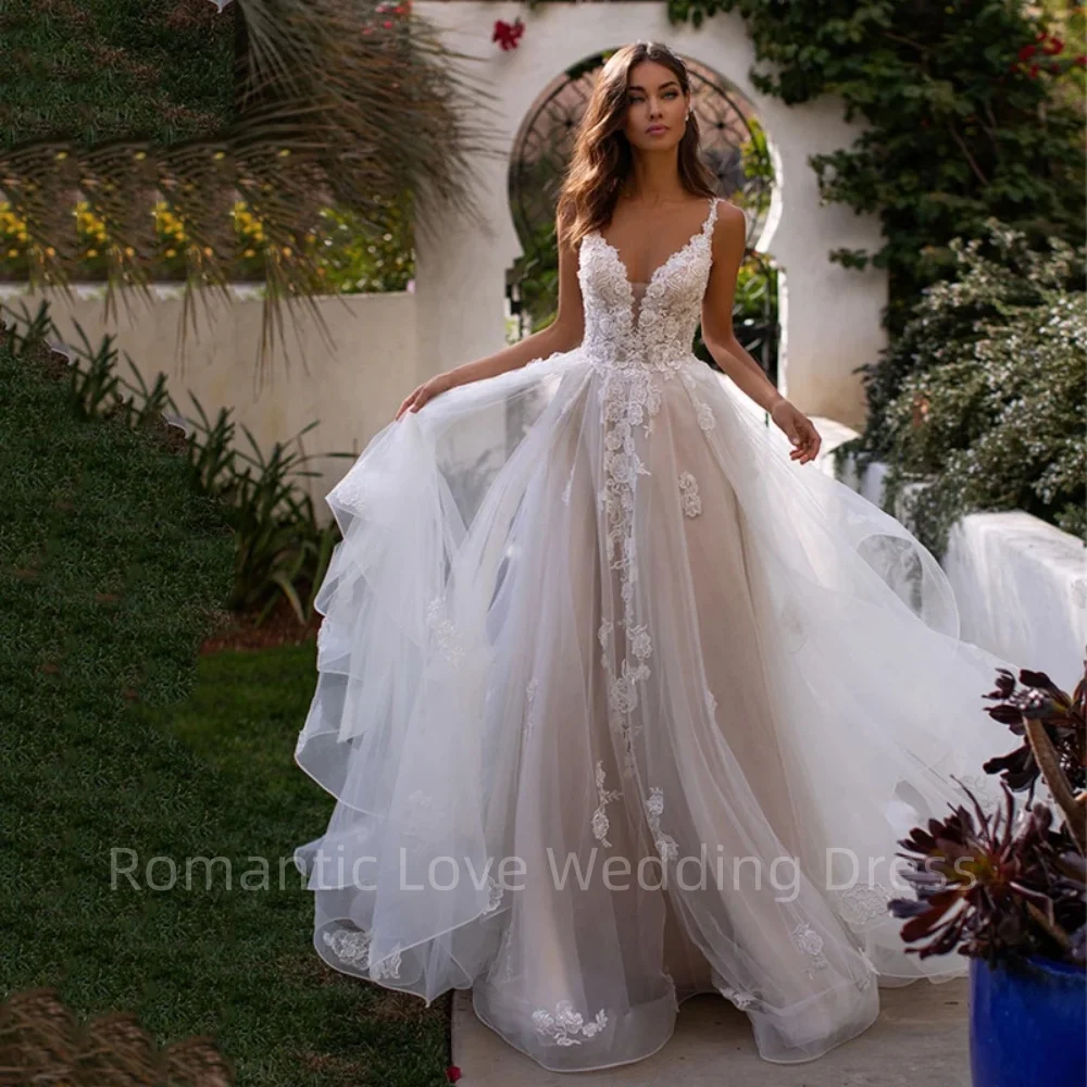 

Boho Sweetheart A-Line Backless Wedding Dress 3D Flowers Spaghetti Straps Bride Dresses Princess Floor Length Wedding Gowns