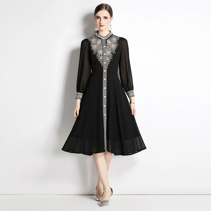 

High Quality Vintage Gold Line Embroidery Black Mid-length Dress for Women Autumn Patchwork Slim Lantern Sleeve Chiffon Vestido