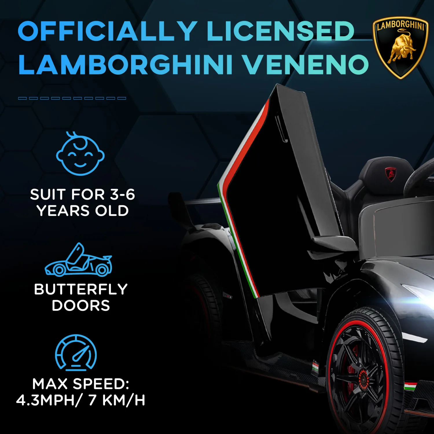 Aosom Lamborghini Veneno Licensed Kids Electric Car with Bluetooth, 12V Ride on Car with Butterfly Doors, Remote Control, Portab 6