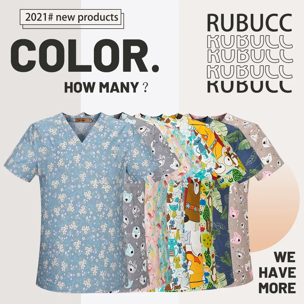 Medical Surgical 100% Cotton Print Scrubs Shirt Beauty Salon Lab Pet Shop Doctor Nursing Health Scrubs Tops medical scrubs