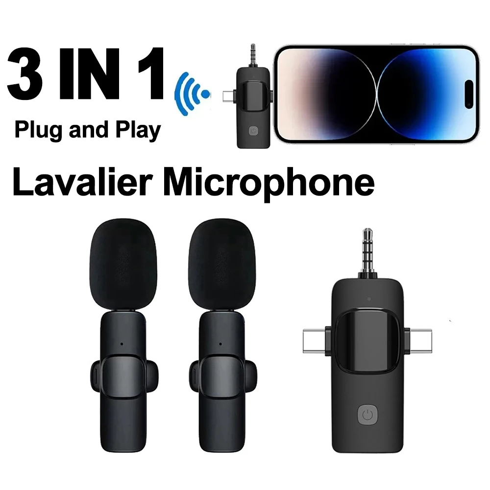 휴대용 3 in 1 무선 라발리에 마이크, 아이폰, 안드로이드용, 라디오, 라이브 녹음, 소음 감소 미니 마이크, 3.5mm