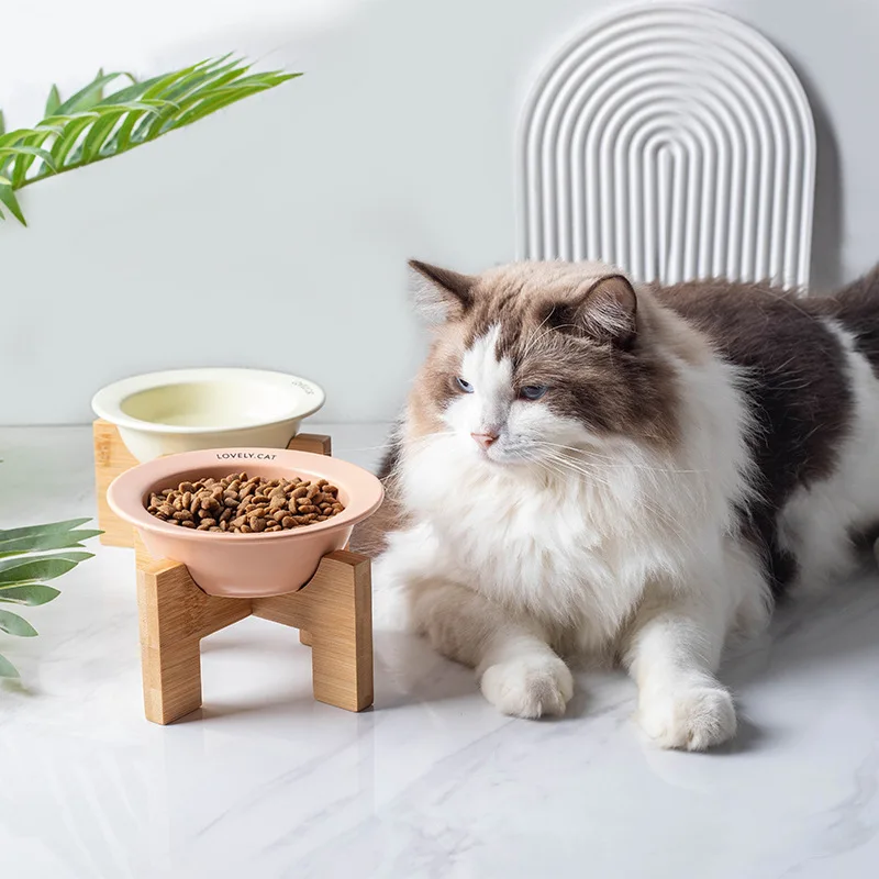 

Cat Drinking Feeding Bowl Macaron Ceramic Goblet Wooden Frame Neck Protector Antichoking Antidumping Pet Dog Food Water Bowl