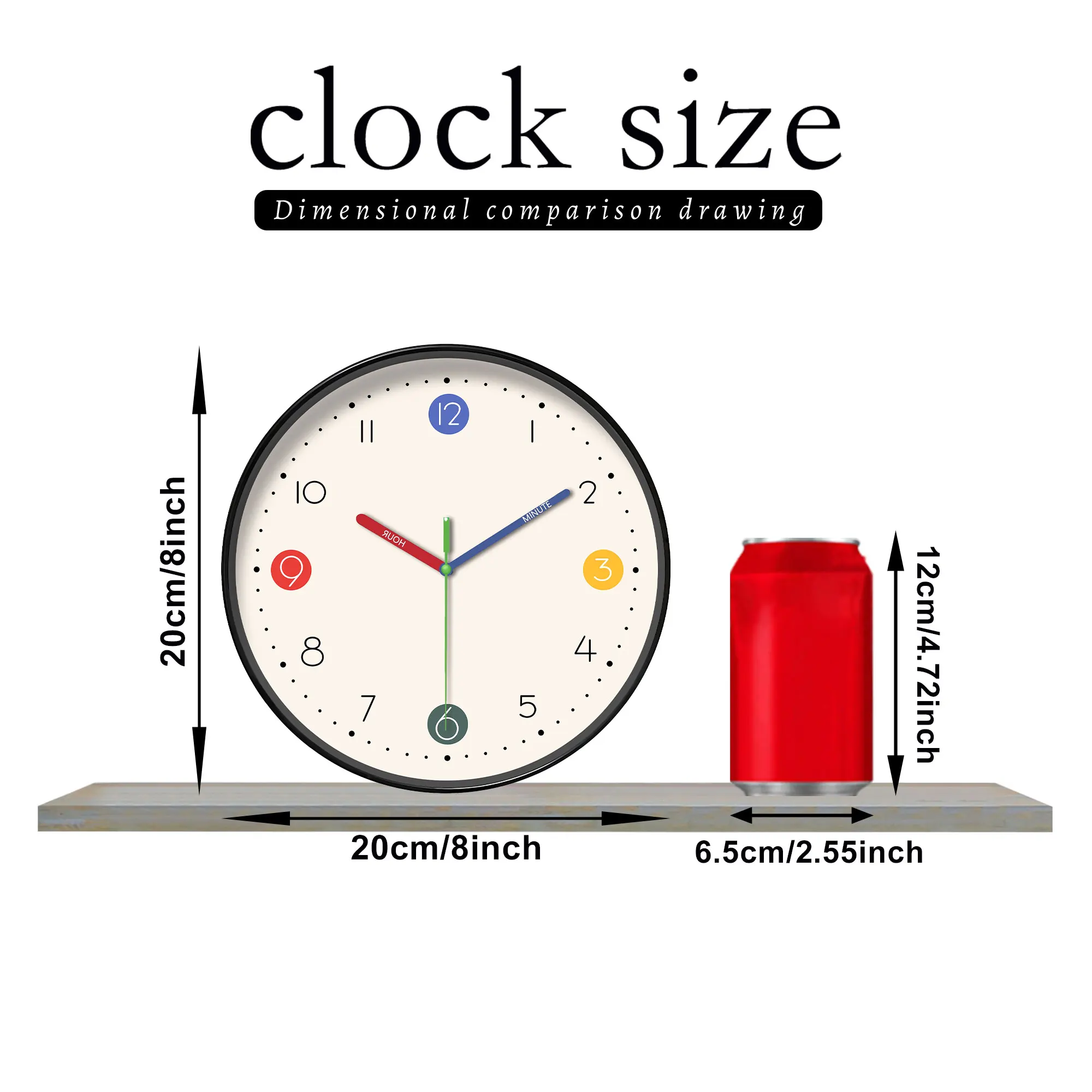 A simple beige and white instructional wall clock with colorful hands and cute digital design wall clock, 10-16 inch round silen