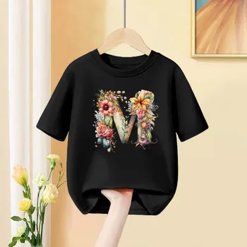 A B C D Combination Font Girls T Shirt Flower Print Casual Tops Custom Name Letter Kids Black Tee Shirt 1