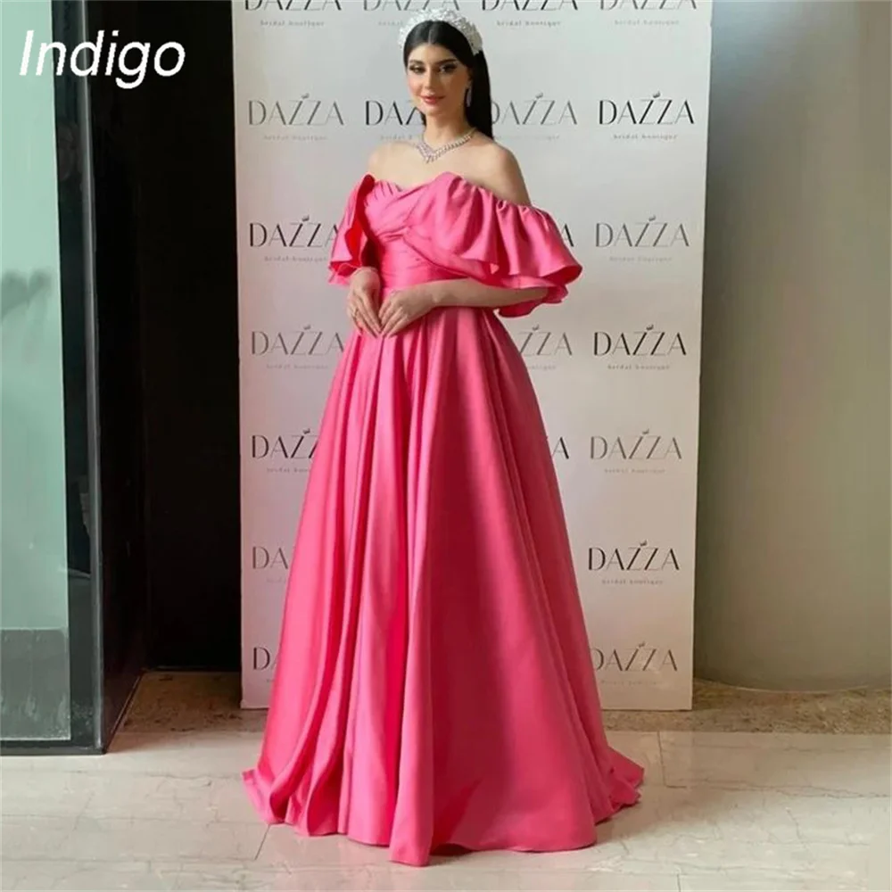 

Indigo Prom Dresses A-Line Off The Shoulder Pleat Open Back Short Sleeve Floor-Length Elegant Evening Gown For Women فساتين الس