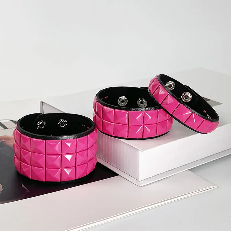 Women's Punk Pyramid Stud Leather Bracelet Adjustable Hot Pink Wide Cuff Bracelets Gothic Fashion Wristband Hand Jewelry Gift 3