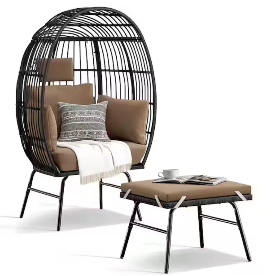 

Black Wicker Outdoor Patio Lounge Chair Egg Chair with Ottoman Footrest and Khaki Cushion