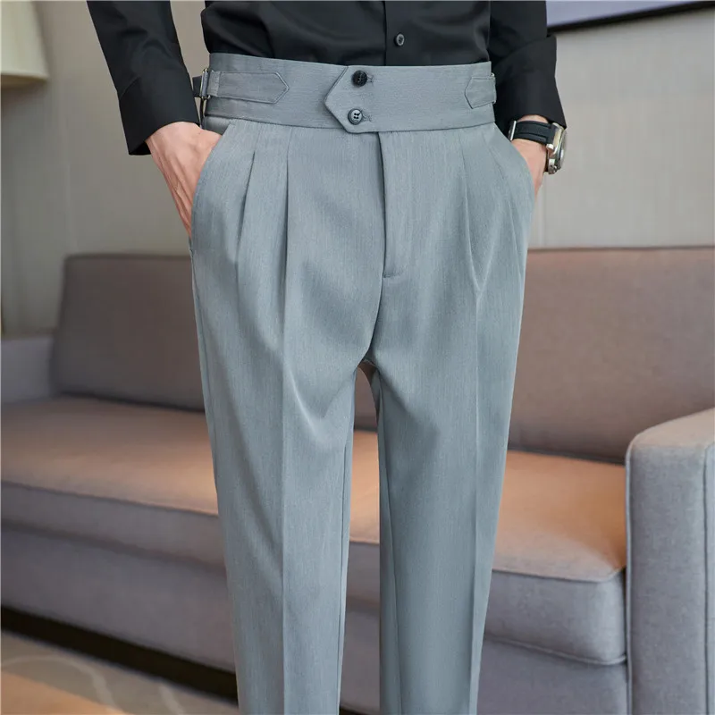 British Style Autumn Men High Waist Trousers Belt Design Slim Fit Suit Pants