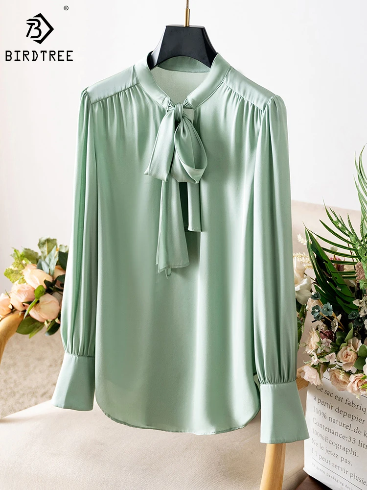 

Birdtree 100%Mulberry Silk Shirt French Solid Long Sleeve Stand Collar Ribbon Streamers Gentle Simple Commute Blouse T3D288QD