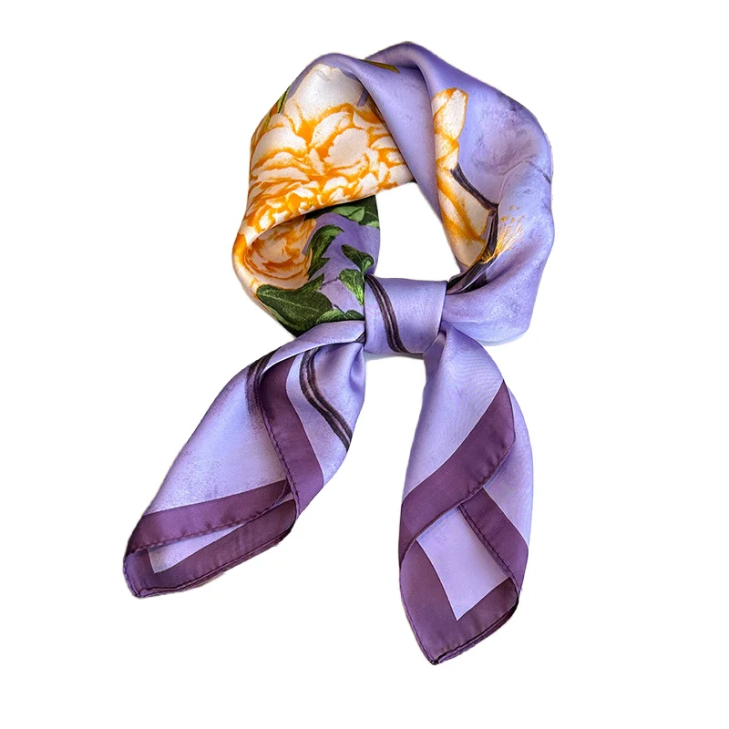 Purple Floral Print Silk Scarfs Women Men 70cm Square Scarves Female Hijab Soft Satin Neckerchief Casual Decorate Lady Neck Ties 6