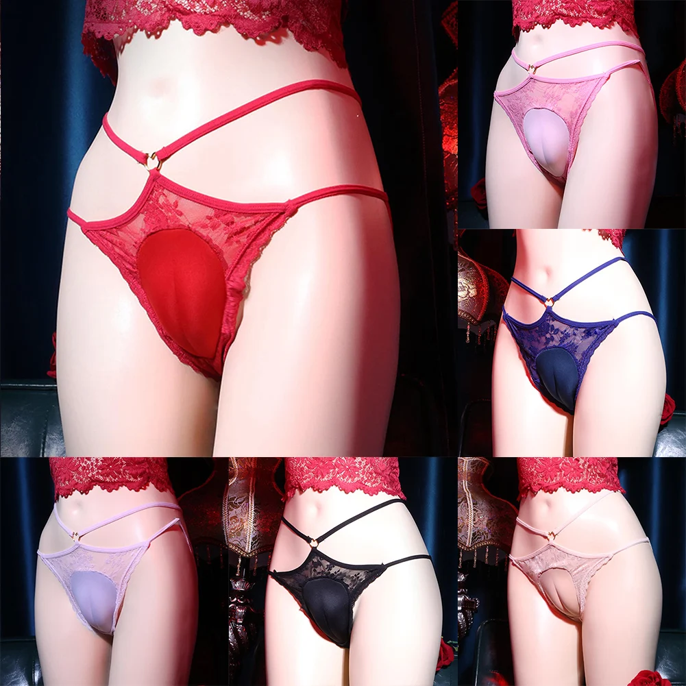 Men Crossdressing Panties Sexy Hollow Out Briefs Transgender Shemale Camel Toe Lingerie Sissy Thong Gay Lace Underwear Plus Size mens underwear