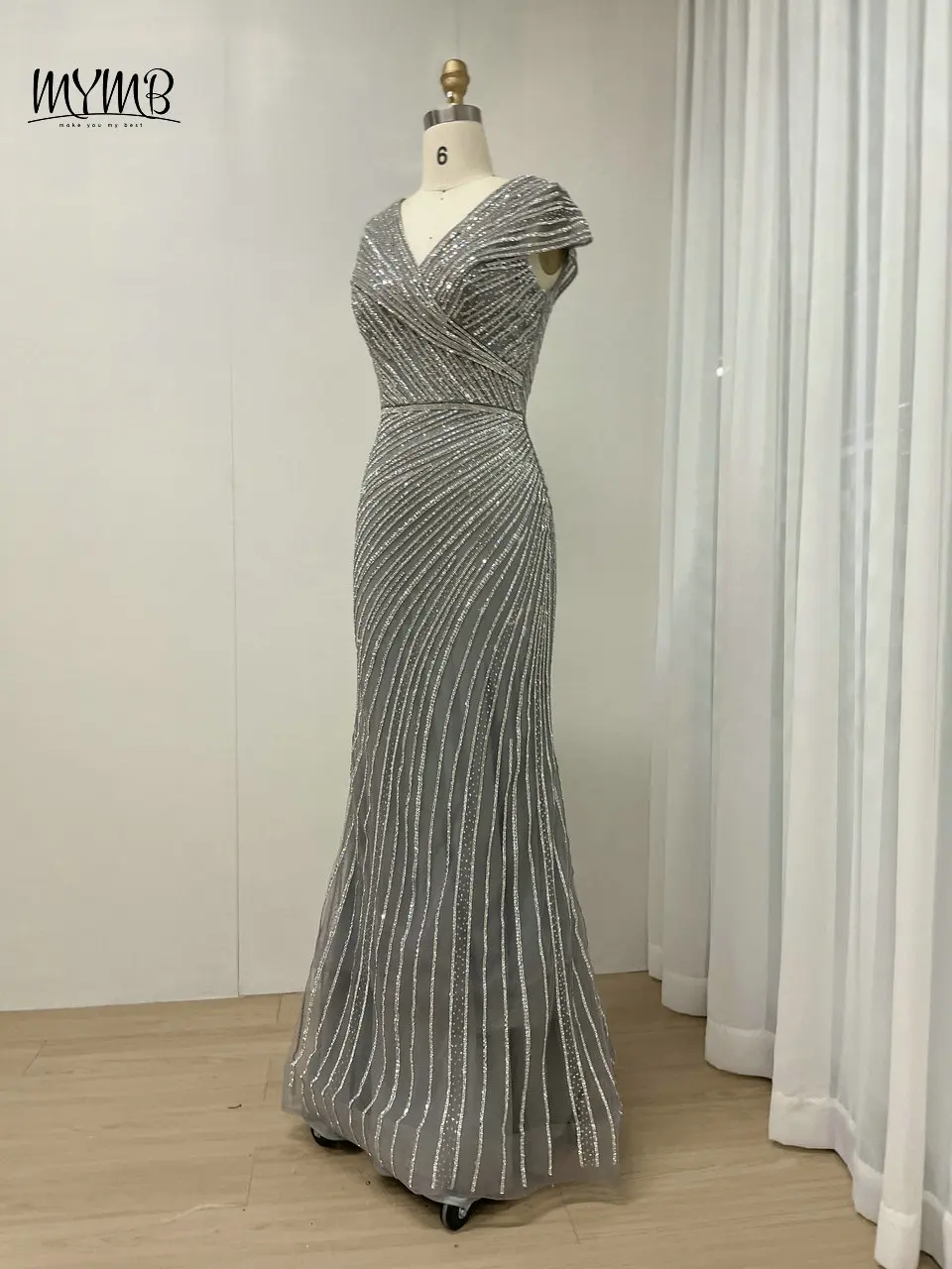 MYMB Blaues, elegantes Meerjungfrau-Abendkleid mit V-Ausschnitt für Partys und Hochzeiten, luxuriöse, kurze Ärmel, arabische Perlen-Kleider für formelle Anlässe – Detail 10