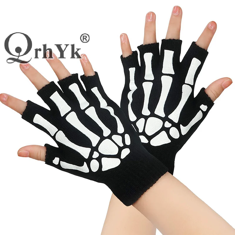 Warm Gloves Half Finger Gloves Fashion Halloween Style Gloves Luminous Horror Skull Bone Skeleton Half Gloves Novelty Unisex Mittens Winter Warmer