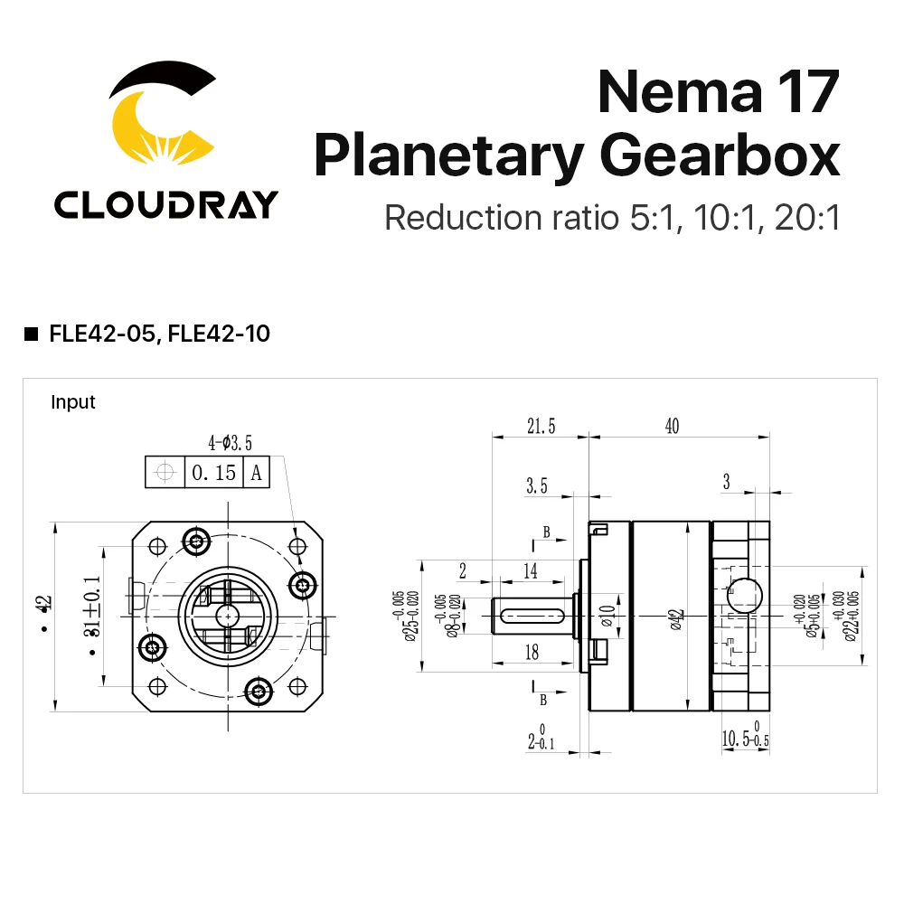 Cloudray Nema17 Planetary Gearbox Motor Speed Reducer with Ratio 5:1 10:1 20:1 5mm Input for Nema17 Stepper Motor planetary reducer