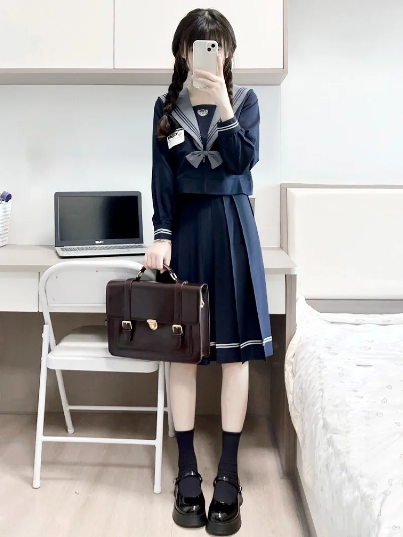 New Japanese Lolita Style Summer And Autumn Campus Skirt Top Sets JK Uniform Navy Dark Skirts Stripe Pleated Soft Outfits Female