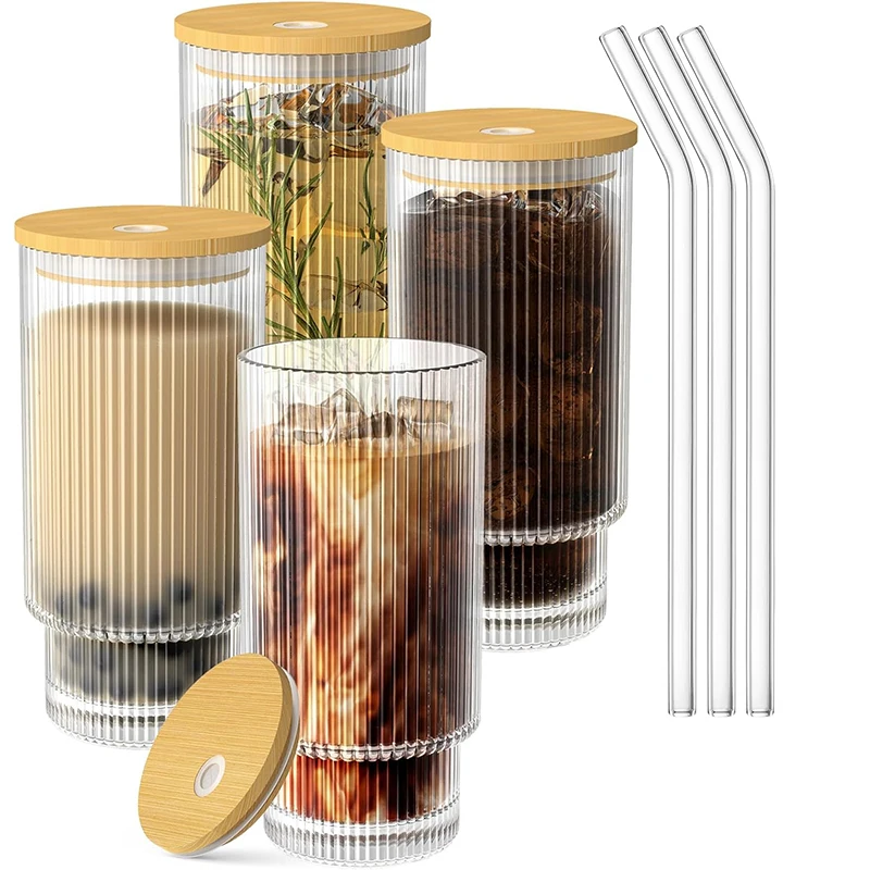 

4pcs 16oz Glass Cups Ribbed Drinking Glasses with Lids and Glass Straws Glassware for Whiskey Cocktail Beer Iced Coffee Cups