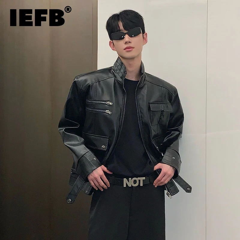 

IEFB Trend Men's Leather Jacket Multi Pocket Niche Design Shoulder Pad Outerwear Fashion Motorcycle Clothing Stand Collar 9C2567