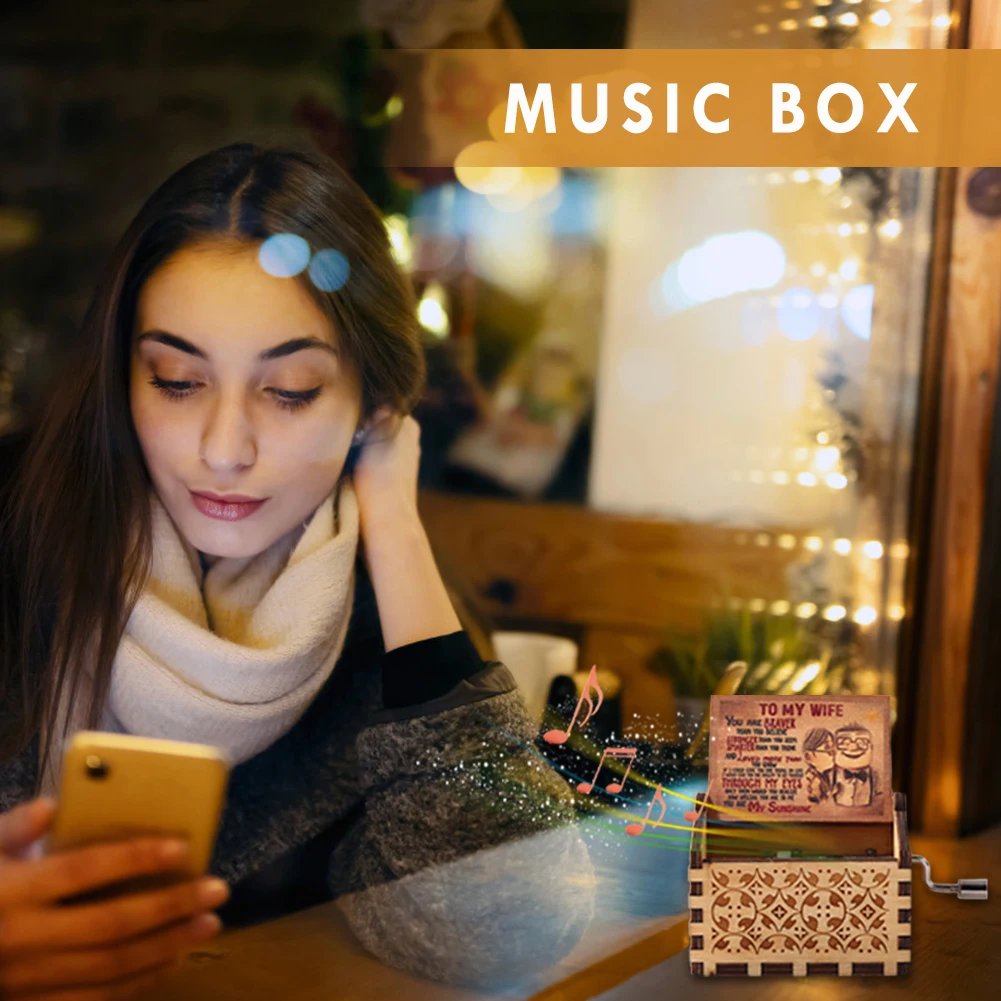 Wooden Hand-cranked Musical Box Carving Music Box Gift To My Wife Theme Mini Musical Home Decoration Thanksgiving