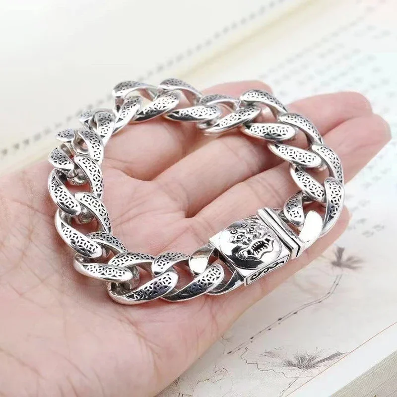 

S925 Silver Locomotive Latch Men Bracelet Woven 18/20/22CM Cuban Chain Retro Style Grimace Bracelet Friend Friendship Party Gift