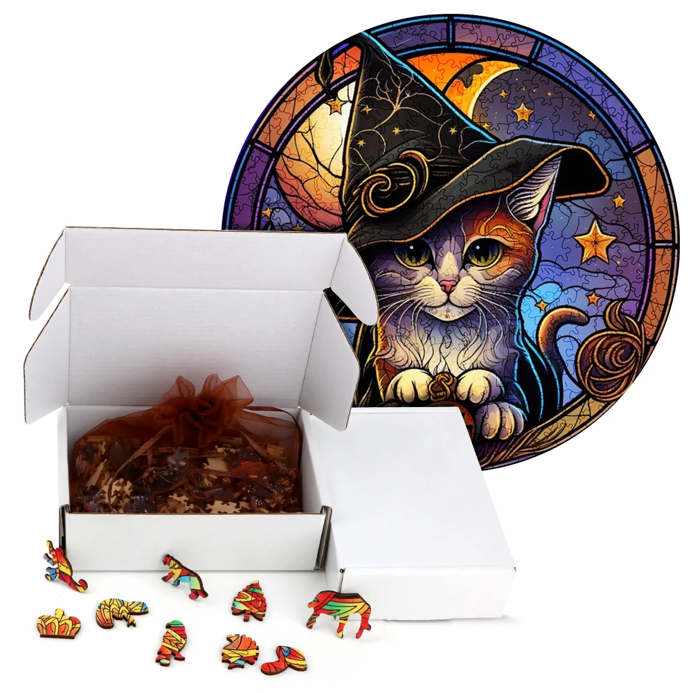 Mysterious Wooden Puzzle painted Black Cat Funny Toy Animal Wood Puzzles Smart Game Round Shaped Jigsaw Puzzle Best Gift For kid 6