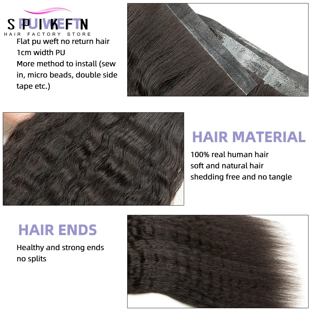 Kinky Straight PU Weft Hair Extensions 30 inches long Human Hair Bundles no Tape Glue 40-50 grams Natural Remy Weaves