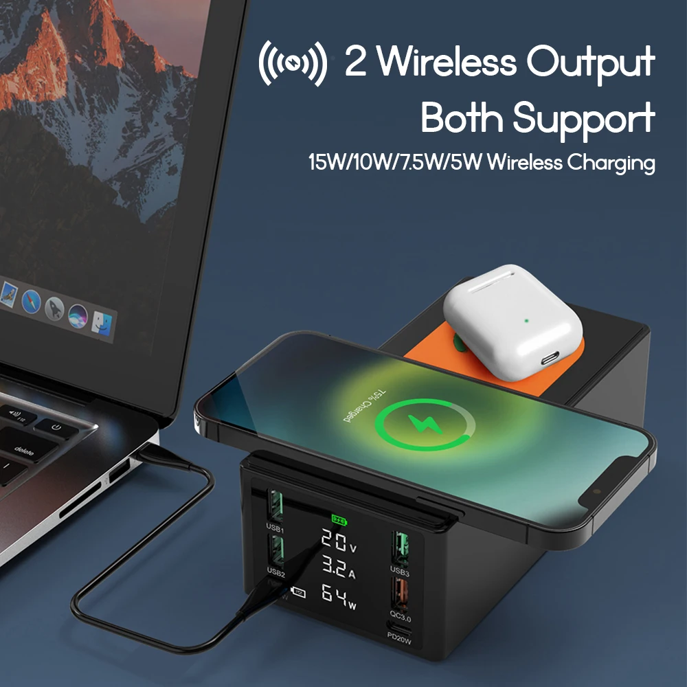

150W Multi USB Charger Dual Qi Wireless Charger PD3.0 QC4.0 3.0 FCP Fast Charging Station For iPhone 14 13 Samsung Laptop